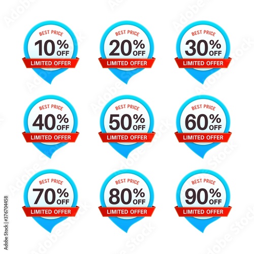 Discount tags. Price 10 - 90 percent off marketing badges, product promotion emblems. Special offer sale labels in blue and red colors, savings money cashback stickers flat vector set
