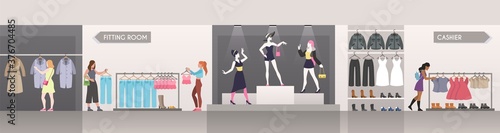 Women in boutique. Female customers choosing fashion clothes in shop. Girls watching dresses on hangers and mannequins. Retail mass market shopping in apparel store cartoon vector concept