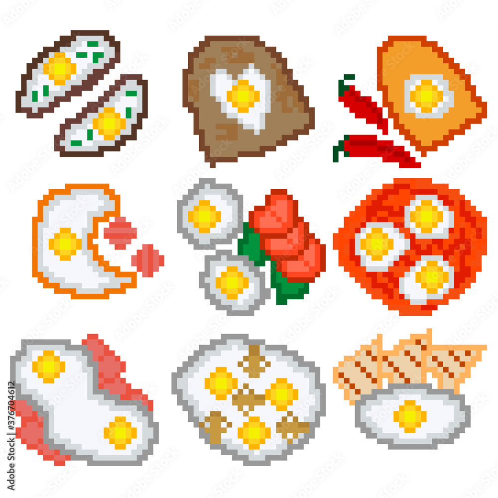 A set of nine food items made up of pixels. Fried eggs with vegetables, bacon, sausage, and more. Old graphics, interesting images for games, websites, restaurant menus, and more. A set of nine food items made up of pixels. Fried eggs with vegetables, bacon, sausage, and more. Old graphics, interesting images for games, websites, restaurant menus, and more.