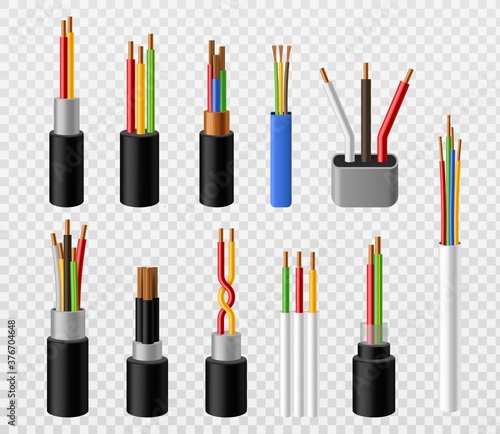 Electric cables. Industrial copper power industrial wire, telephone internet conductors. Voltage electrical connections, electricity vector realistic set isolated on transparent background
