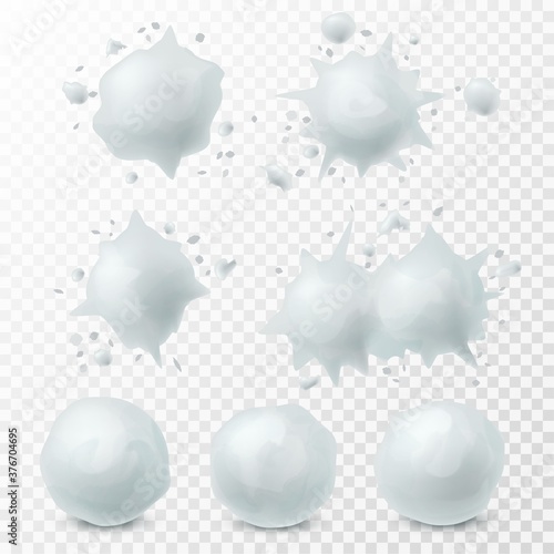 Snowball splatter. Snow splashes and round white snowballs winter kids fight game elements, decoration set for christmas holidays realistic 3d vector set isolated on transparent background
