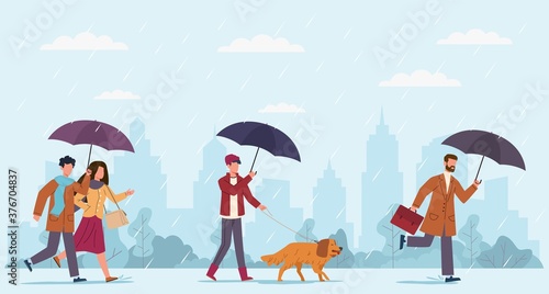 People autumn rain. Women and men with umbrella walking at rainy windy day on street, boy walking with dog and businessman run on puddles on cityscape, seasonal weather vector flat concept