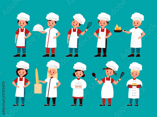 Chef kids. Happy gourmet children cook delicious food on kitchen, fun confectioner boy and girl uniform collection, child cooking school cartoon vector flat isolated characters