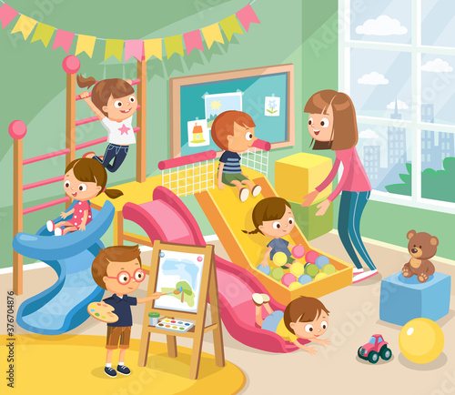 Children having fun, fooling around in fine good mood, on playroom, playground go down slide, hanging on ladder. Boy is drawing the watercolor. Vector illustration. Flat design.