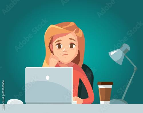 Sad girl woman freelancer working telecommuting with laptop siting at workplace teleworking. Telework mobile remote work working from home, WFH, flexible workplace. Vector illustration