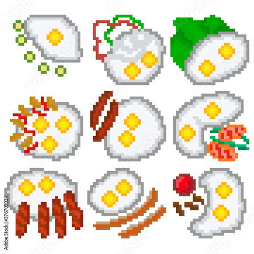 A set of nine food items made up of pixels. Fried eggs with vegetables  bacon  sausage  and more. Old graphics  interesting images for games  websites  restaurant menus  and more.