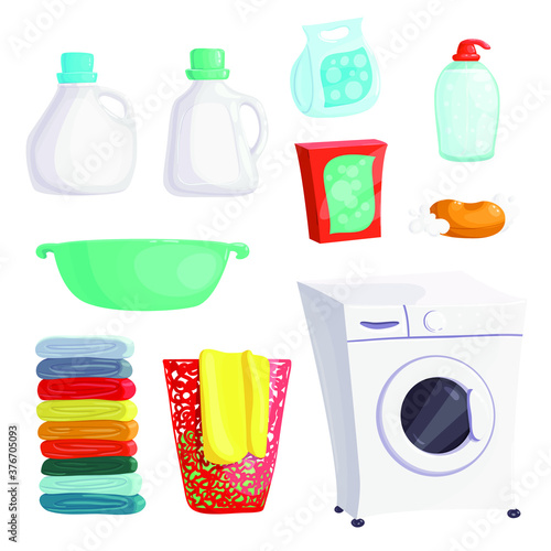 Washing machine, powder set. Laundry detergent. Vector illustration icons clean clothes. Laundry collection, Liquid hand soap icon spray detergent. Stain illustration Hand washing object Flat vector.