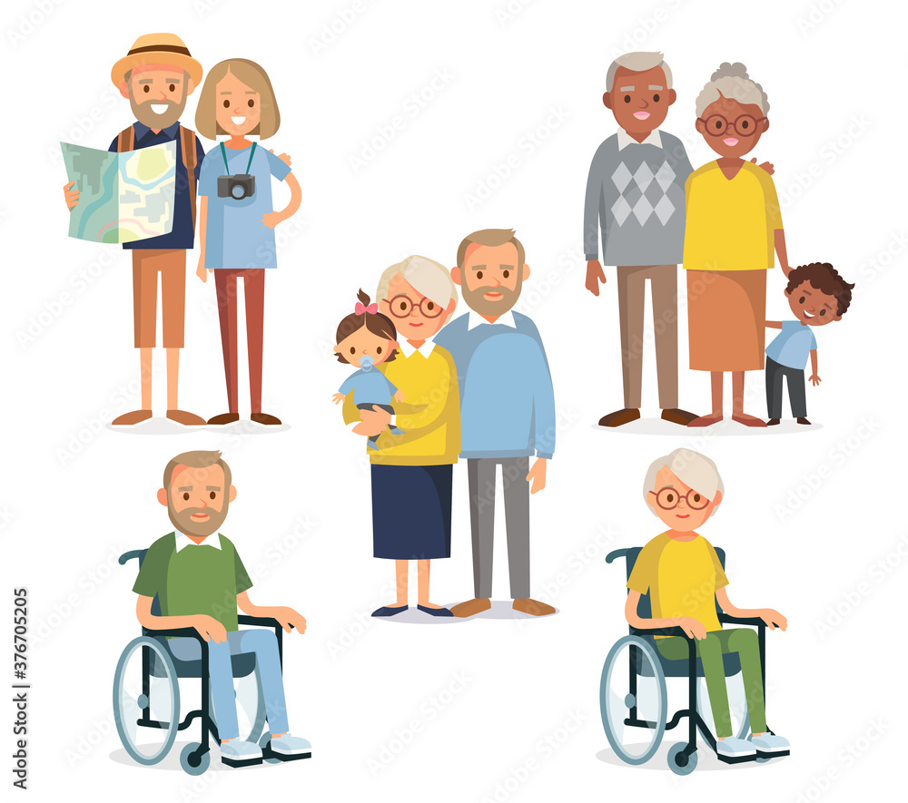Set of young and senior people characters. People with disabilities in wheelchairs. Handicapped person. Traveling people. Senior couples. Set of young and senior people characters. People with disabilities in wheelchairs. Handicapped person. Traveling people. Senior couples.