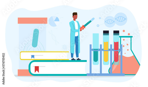A chemist conducting a scientific experiment by mixing various reagents in flasks. Flat vector illustration