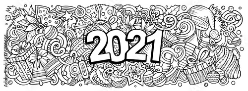 2021 doodles horizontal illustration. New Year objects and elements poster