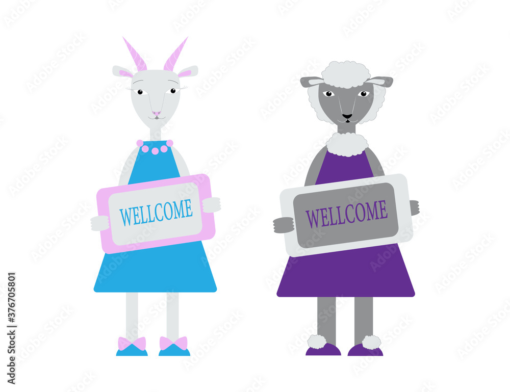 custom made wallpaper toronto digitalSet of cute characters keeping the Wellcome plate. Vector illustration in cartoon flat style. Farm animals goat and sheep