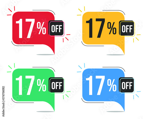 17% off. Red, yellow, green and blue tags with seventeen percent discount. Banner with four colorful balloons with special offers vector.