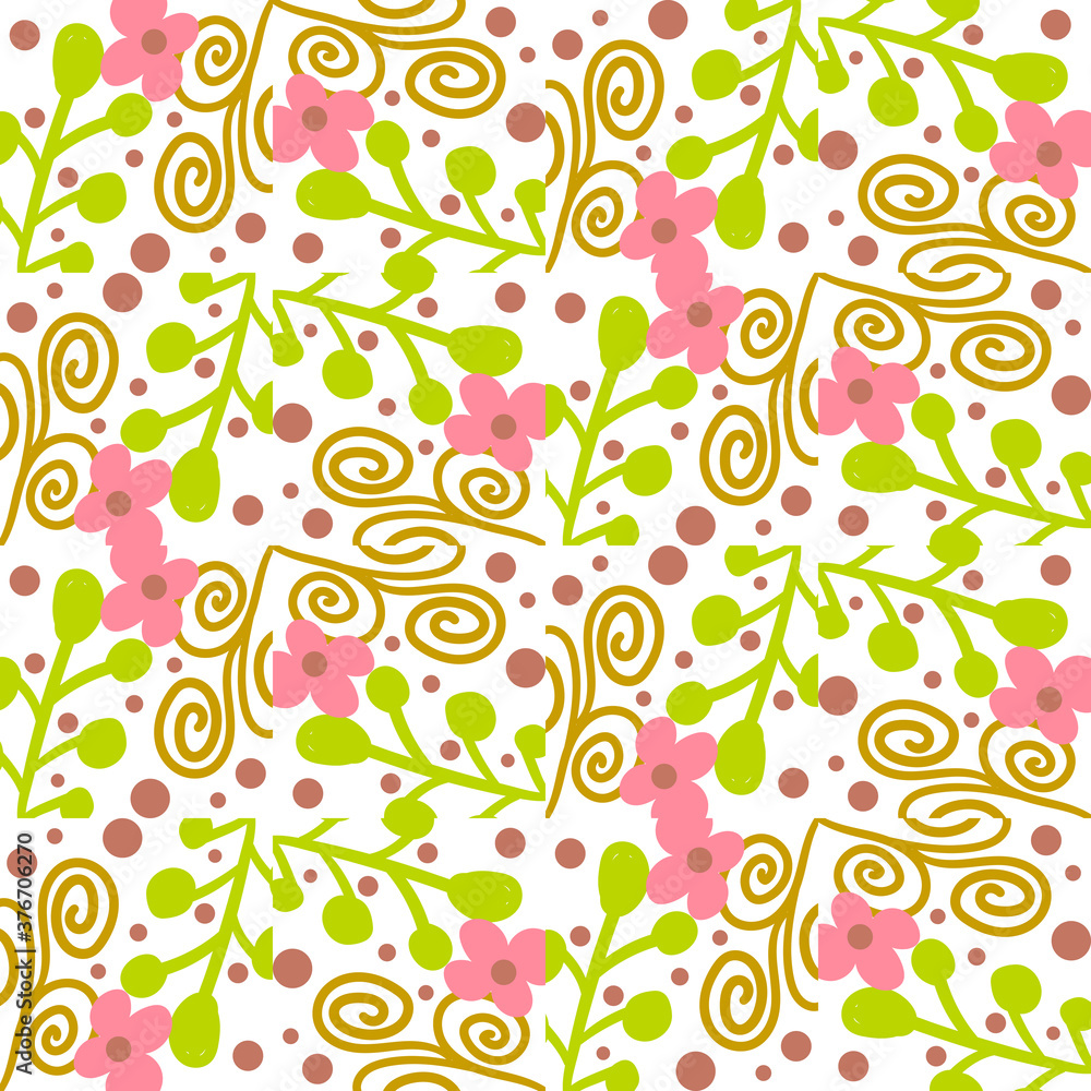 Cartoon abstract floral seamless pattern with flowers, branches and leaves. Floral tile background. Wrapping paper, textile. Vector illustration.  