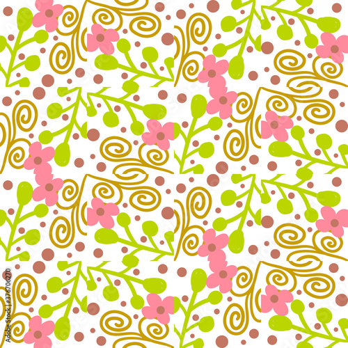 Cartoon abstract floral seamless pattern with flowers, branches and leaves. Floral tile background. Wrapping paper, textile. Vector illustration. 