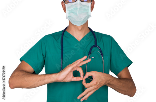 Doctor trying to express himself using sign language, background,