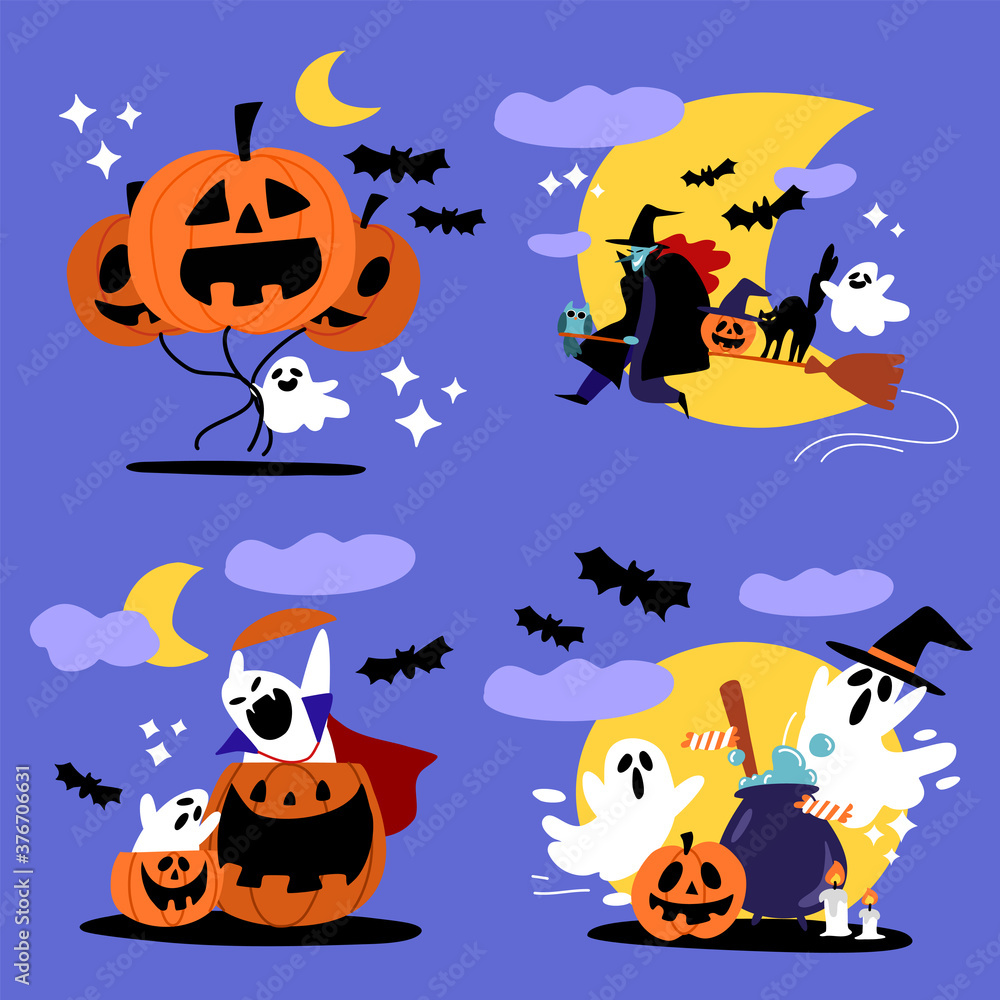 Fototapeta premium Spooky Halloween Ghost And Witch Character Vector Illustration Set