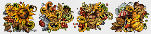 Autumn cartoon vector doodle designs set