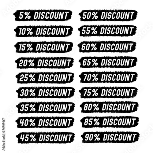 .Hand sketched DISCOUNT word as set. Sale tags 5  off  10  15  20  25  30  35  40  45  50  55  60  65  70 percent label