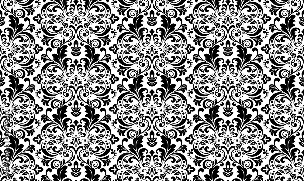 Wallpaper in the style of Baroque. Seamless vector background. White and black floral ornament. Graphic pattern for fabric, wallpaper, packaging. Ornate Damask flower ornament Wallpaper in the style of Baroque. Seamless vector background. White and black floral ornament. Graphic pattern for fabric, wallpaper, packaging. Ornate Damask flower ornament