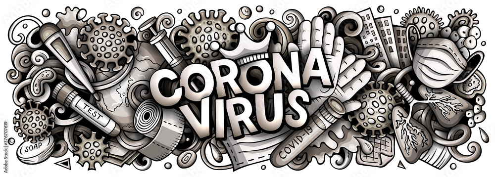 Coronavirus hand drawn cartoon doodles illustration. Colorful vector banner