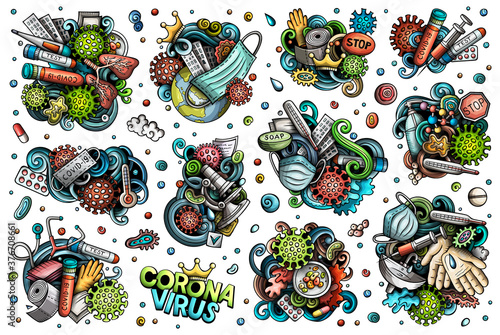 Vector doodles cartoon set of Coronavirus objects and elements