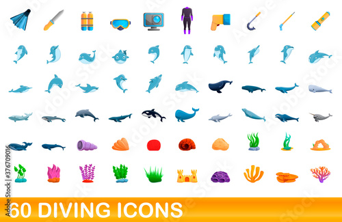 60 diving icons set. Cartoon illustration of 60 diving icons vector set isolated on white background