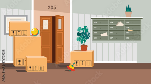 Moving concept, cardboard carton boxes with household belongings in corridor, packed boxes on floor in new home, relocation, removals and delivery service. Flat Vector Illustration for background. 