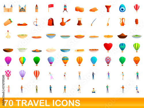 70 travel icons set. Cartoon illustration of 70 travel icons vector set isolated on white background