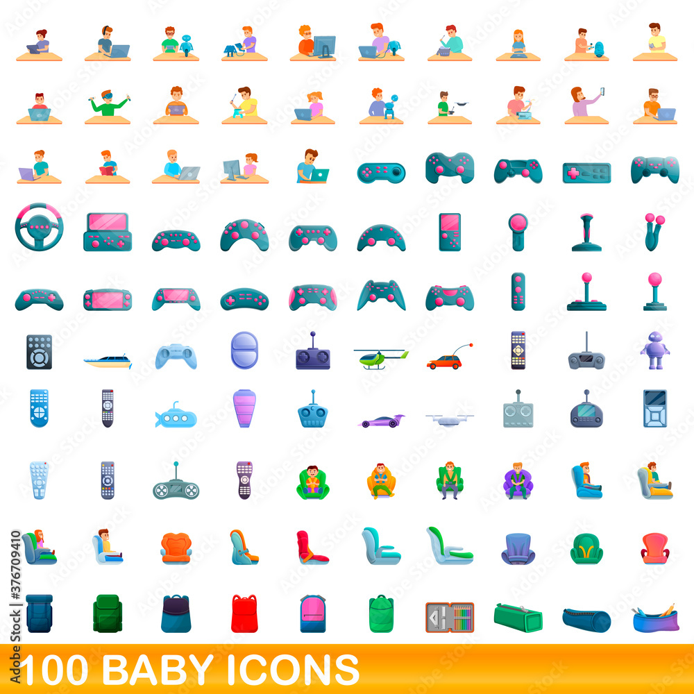 Fototapeta premium 100 baby icons set. Cartoon illustration of 100 baby icons vector set isolated on white background