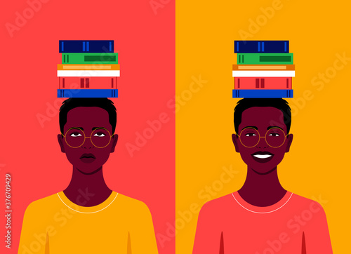 The African student with books on his head is sad and cheerful. Difficulty in preparing for exams. Successful studies at school, college and university. Vector flat illustration