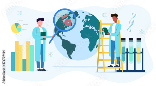 Pandemic concept with scientists viewing the planet under a magnifying glass on the background of laboratory flasks, graphs and diagrams . Analyzing data on the rate of spread of the COVID virus.