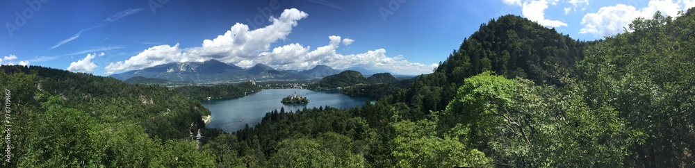 Panorama of Lake Bled with St Mary's church on the small island, Bled, Slovenia, Europe