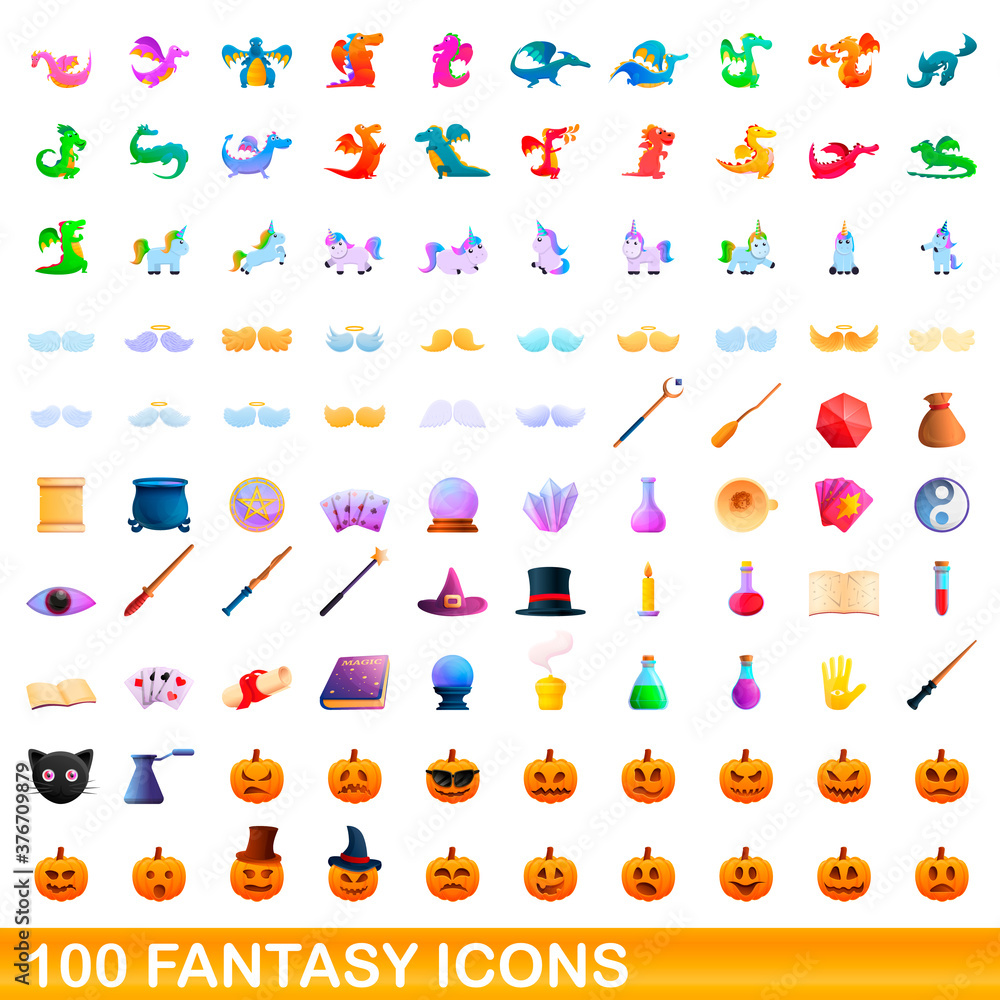 100 fantasy icons set. Cartoon illustration of 100 fantasy icons vector set isolated on white background