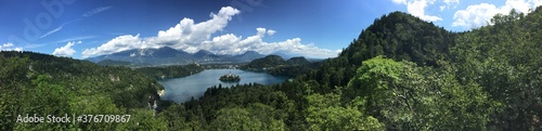 Panorama of Lake Bled with St Mary's church on the small island, Bled, Slovenia, Europe © mirtya