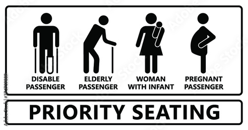 Priority seating sign. Privilege chair for people in need. Disable, Elderly  passenger. Disability, elderly, Old man Woman with infant, wheelchair crutches mobility, pregnant and woman with child baby