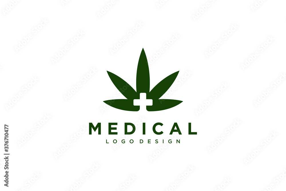 Medical Logo. Green Marijuana Cannabis with Negative Space Cross Plus Sign inside isolated on White Background. Flat Vector Logo Design Template Element.