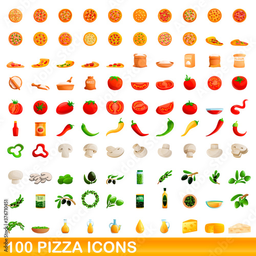 100 pizza icons set. Cartoon illustration of 100 pizza icons vector set isolated on white background