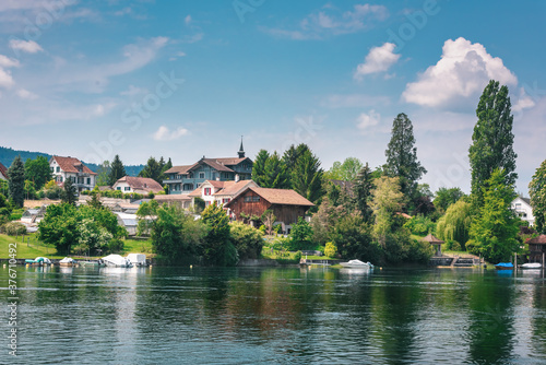 Cityscape Scenery and Swiss Village Culture at Stein Am Rhein City, Switzerland. Beautiful Nature Waterfront View of Rhine River With Swiss Architecture House Building at Summer. Travel Destination