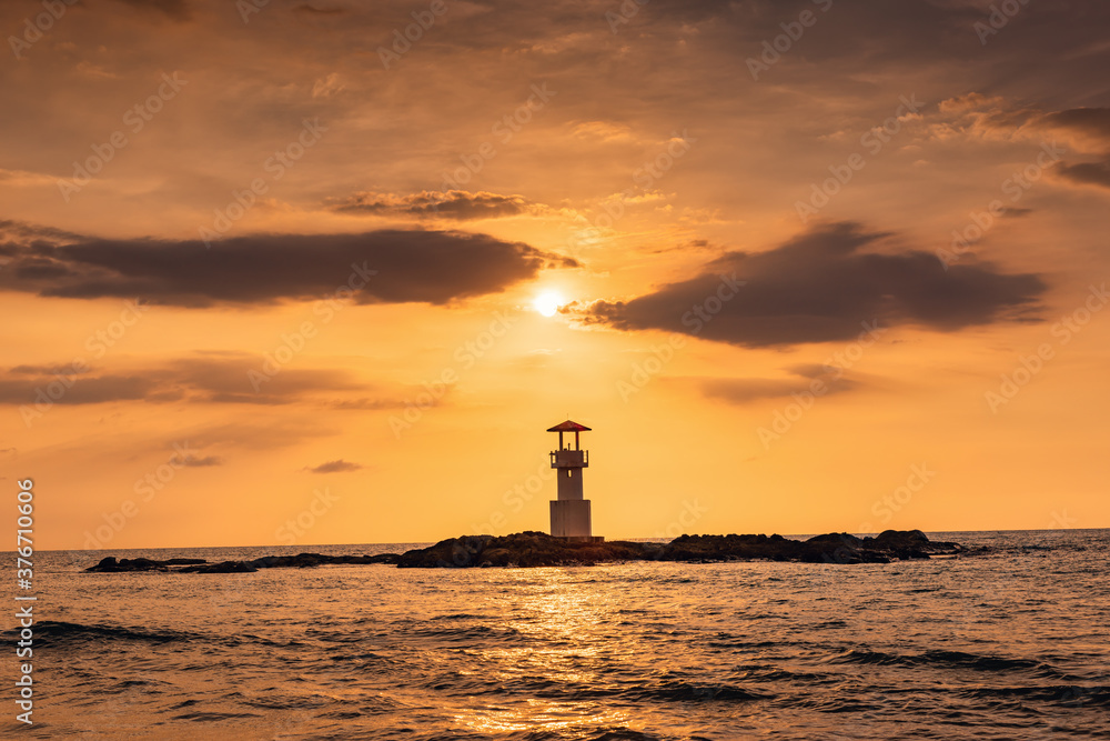 Seascape Scenery View With Lighthouse During Dramatic Cloudy at Sunset, Nature Landscape Tropical Seashore Scenic and Beautiful Beach Against Horizon Over The Sea Water. Natural Panoramic of The Beach