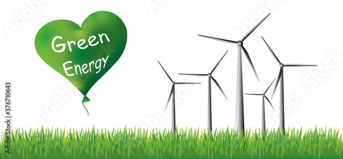 Fünf Windräder auf einer Wiese und ein grüner Herzluftballon mit dem Text Green Energy.