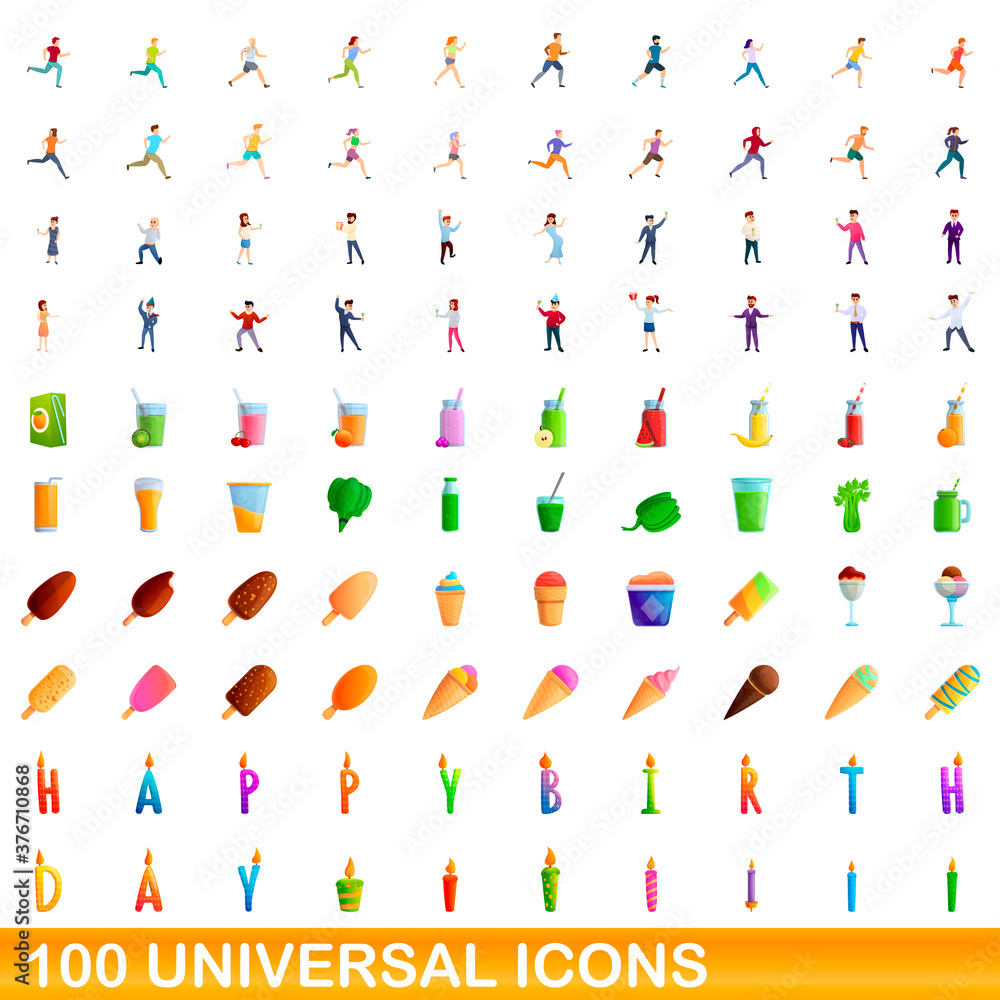 100 universal icons set. Cartoon illustration of 100 universal icons vector set isolated on white background 100 universal icons set. Cartoon illustration of 100 universal icons vector set isolated on white background