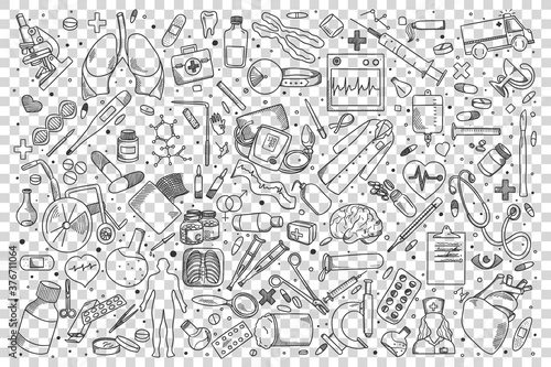 Medicine doodle set. Collection of hand drawn sketches templates patterns of treatment pills syringe pharmacological cure on transparent background. Healthcare and medical support illustration.