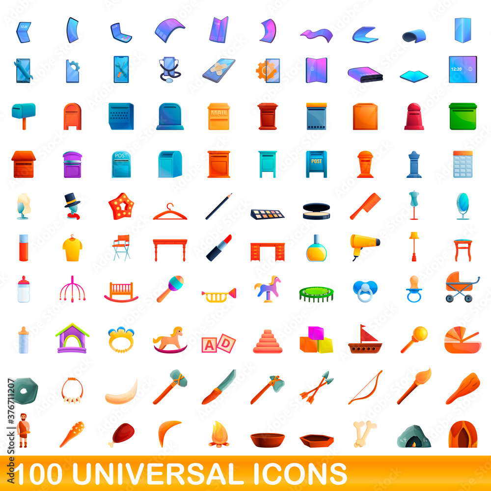 Naklejka premium 100 universal icons set. Cartoon illustration of 100 universal icons vector set isolated on white background