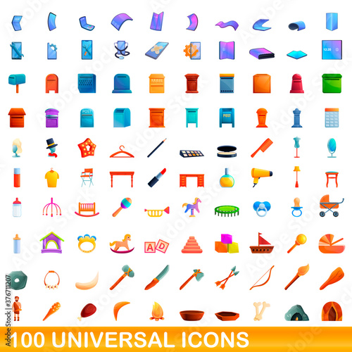 100 universal icons set. Cartoon illustration of 100 universal icons vector set isolated on white background