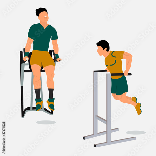 Men doing triceps dip on parallel bars.Professional male sportsmen training on parallel bars.