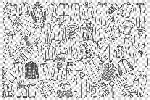 Mens shop doodle set. Collection of hand drawn sketches templates patterns boy guy clothing jackets pants trousers shirts coats on transparent background. Male fashionable casual outfit and shopping.