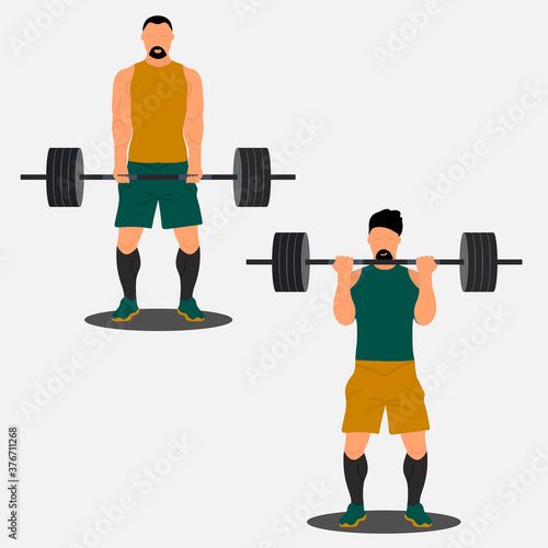 An impressive athletes make a maximum weight lift of a barbell. Illustration of bodybuilder strong man. Strongman powerlifting. Can be used for topics like weightlifting, weight training, powerlifting