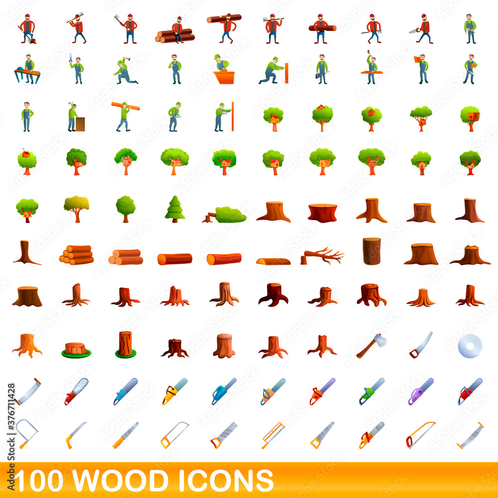 100 wood icons set. Cartoon illustration of 100 wood icons vector set isolated on white background