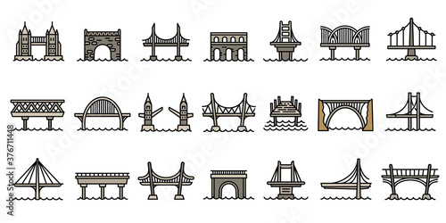 Bridges icons set. Outline set of bridges vector icons for web design isolated on white background