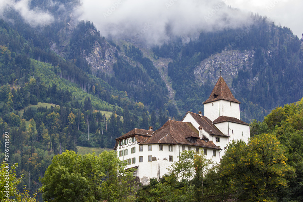 Medieval castle in Wimmis, Berne Oberland, Switzerland. Built in the 12th or 13th century.  It is a Swiss heritage site of national significance